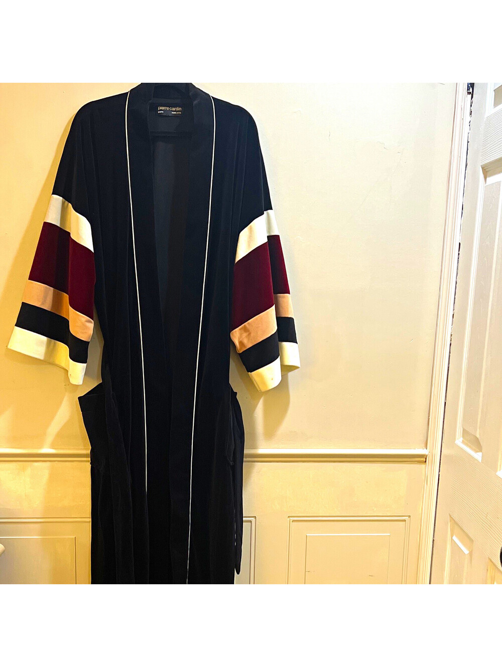 VNT Pierre Cardin Mens Black Colorblock Duster Coat L Belted 3/4 Sleeve